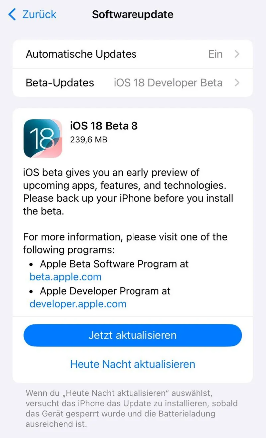 丰润苹果手机维修分享苹果 iOS / iPadOS 18 开发者预览版 Beta 8 发布 